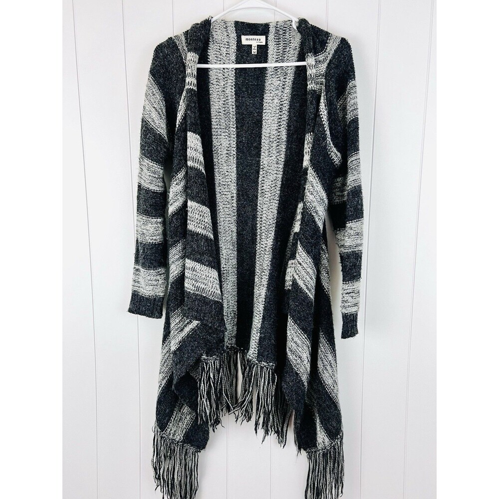 Monteau Los Angeles Gray Stripe Fringe Open Waterfall Cardigan Sweater Western M